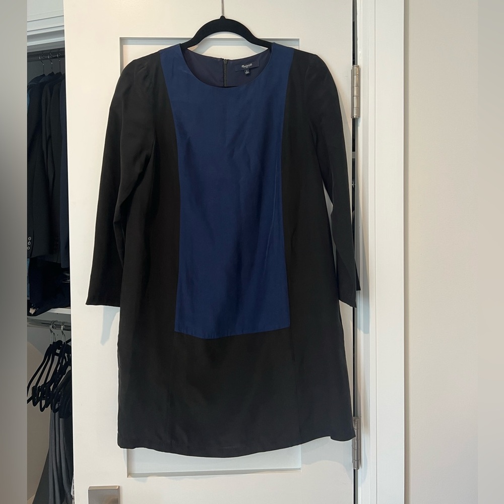 Madewell Black Blue Silk Colorblock Shift Mini Dress [Small]